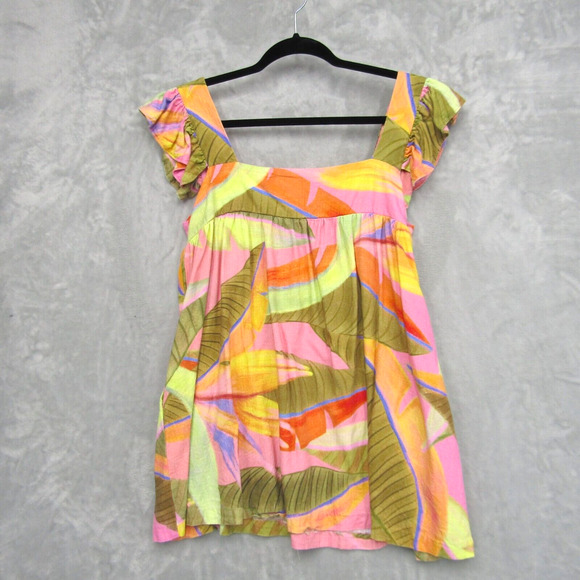 Kourt Zaccai Pink Green Floral Tropical Square Neck Sleeveless Top Women M Linen - Picture 1 of 10